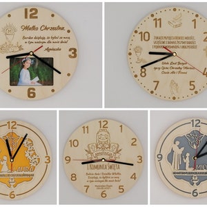 First Communion wall clock set of 5 designs. Laser cut files. cdr, ai, svg, dxf. Digital pattern