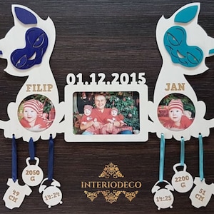 Photo frame for twins. Child metrica. Laser cut files. cdr, ai, svg, dxf. Digital pattern