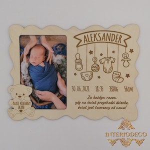Photo frame. Child metrica. Baby announcement photo frame, birth details. Laser cut files. cdr, ai, svg, dxf. Digital pattern