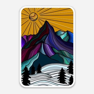 May include: A colorful illustration of a mountain range with a sun shining above. The mountains are drawn with a variety of blues, purples, and greens. The sun is yellow with orange rays. The background is a light blue.