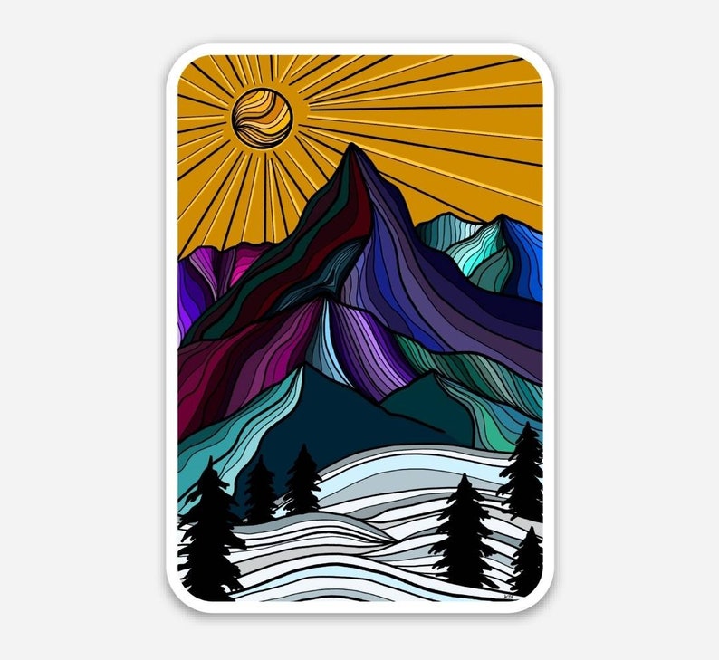 May include: A colorful illustration of a mountain range with a sun shining above. The mountains are drawn with a variety of blues, purples, and greens. The sun is yellow with orange rays. The background is a light blue.