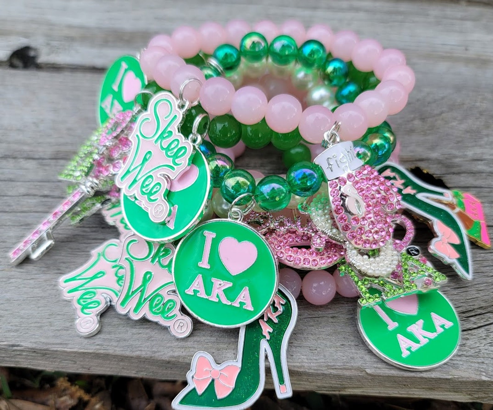 Aka charm bracelet pink and green bracelet sorority charm Etsy