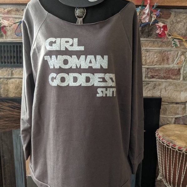 Phish inspired, Girl Woman Goddess, YEM lyrics inspired, Woman's slouch style top, Slate Grey. Glitter