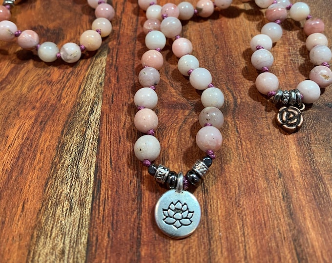 Peruvian Pink Opal Crystal Bead Hand Knotted No Tassel Lotus and Rose Charm Mala Yoga 108 Prayer Beads Pink Lavender Tierra Cast