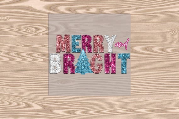 Ready to Press, Merry and Bright Christmas, heat transfer print (faux sequins), DTF Transfer Print