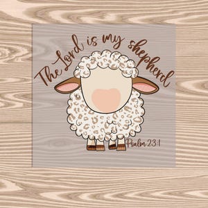 May include: A white and brown spotted cartoon sheep with the text "The Lord is my shepherd" and "Psalm 23:1" on a light gray background.