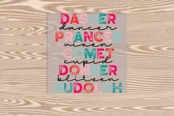 Ready to Press, Reindeer Names Multicolor, heat transfer print, DTF Transfer Print