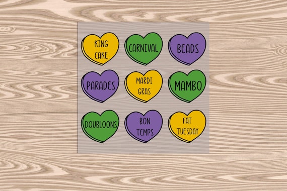 Ready to Press, Mardi Gras Candy Hearts, heat transfer print, DTF Transfer Print