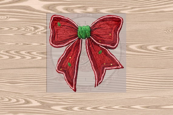 Ready to Press DTF Transfer-Red Bow Christmas :Faux Yarn & Embroidered Texture Effect