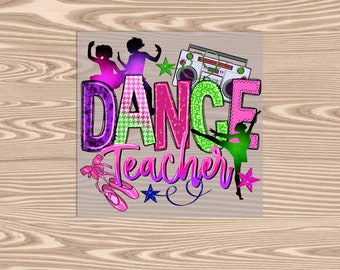 May include: A pink, green, and purple graphic design with the text "DANCE Teacher" and silhouettes of dancers. A retro boombox is in the background.
