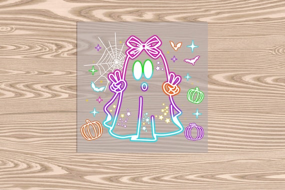 Ready to Press, Neon Peace Girl Ghost, Halloween, heat transfer print, DTF Transfer Print