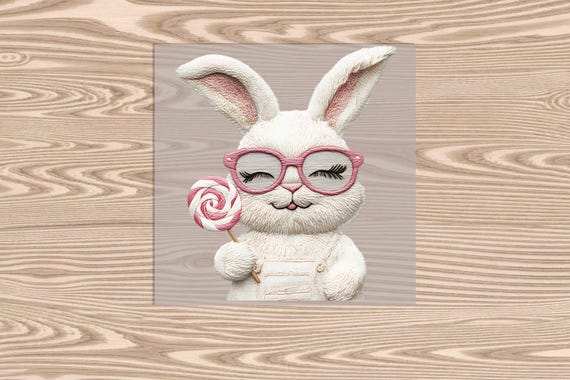 Ready to Press, Pink Lollipop Bunny, heat transfer print (faux embroidery effect printed), DTF Transfer Print