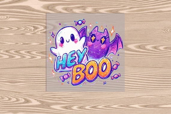 Ready to Press, Hey Boo, Ghost and Bat, Halloween, heat transfer print, DTF Transfer Print