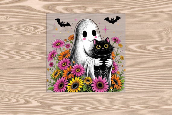 Ready to Press, Ghost Daisies Black Cat, Halloween, heat transfer print, DTF Transfer Print