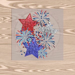 May include: A digital design featuring red, white, and blue glitter stars and fireworks. The design is perfect for patriotic crafts and projects.