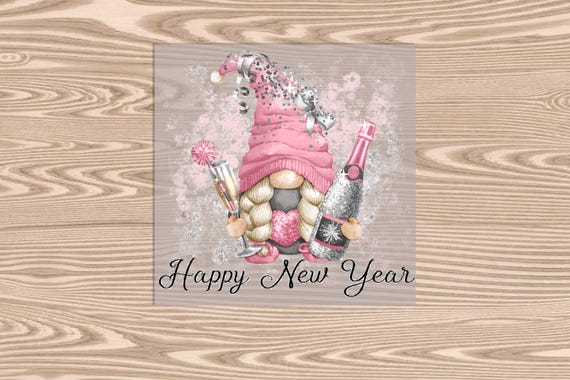 Ready to Press, Happy New Year, Pink Gnome, heat transfer print, DTF Transfer Print (faux sequin/glitter effect printed)