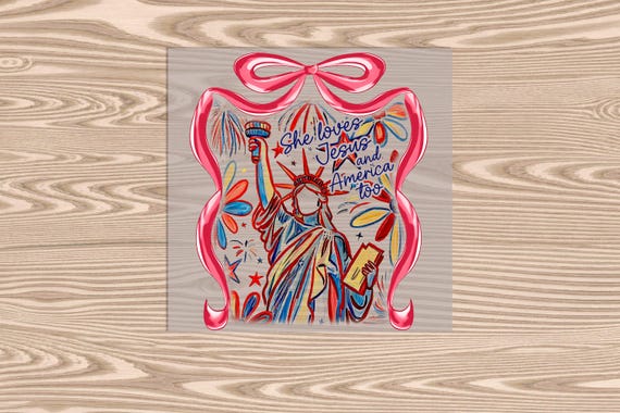 Exclusive - Ready to Press, Lady Liberty- Jesus and America Too, heat transfer print, DTF Transfer Print