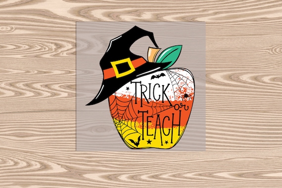 Ready to Press, Witch's Hat Trick or Teach Halloween Apple, heat transfer print, DTF Transfer Print