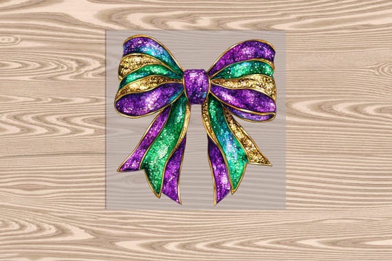 Ready to Press, Purple Green Gold Bow, Mardi Gras, heat transfer print, DTF Transfer Print