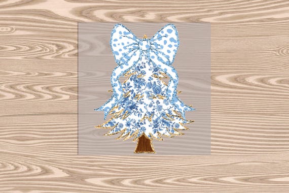 Ready to Press, Blue Chinoiserie Christmas Tree Spotted Dot Bow, Christmas, heat transfer print, DTF Transfer Print