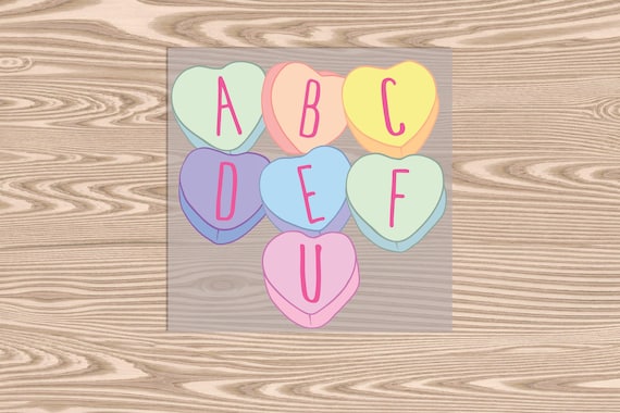 Ready to Press, ABCDEF U Candy Hearts, DTF Transfer Print, heat transfer print