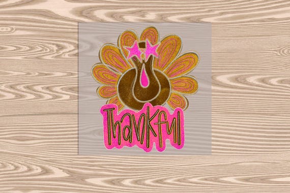 Ready to Press, Thankful Turkey, (faux glitter effect printed) heat transfer print, DTF Transfer Print