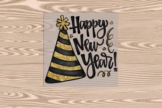 Ready to Press, Happy New Year Gold Party Hat, heat transfer print, DTF Transfer Print (Faux Metallic Glitter effect printed)