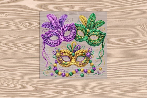Ready to Press DTF Transfer- Mardi Gras Mask Trio- Faux Yarn- heat transfer