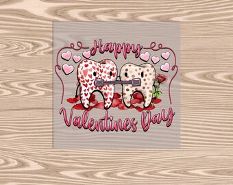May include: A Valentine's Day card featuring two cartoon teeth with braces, surrounded by pink hearts and rose petals. The text "Happy Valentines Day" is written in pink letters.
