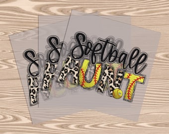 May include: Three sheets of clear vinyl with a black and yellow design that says "Softball Aunt" with a leopard print background and a softball graphic.