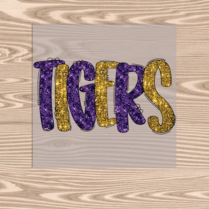 Ready to Press, Faux Sequin Tigers Purple and Gold, heat transfer print (faux sequin effect printed), DTF Transfer Print