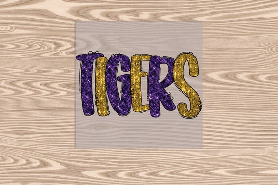 Ready to Press, Faux Sequin Tigers Purple and Gold, heat transfer print (faux sequin effect printed), DTF Transfer Print