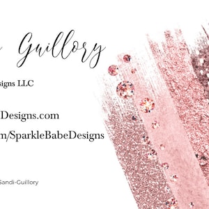 May include: A business card with a pink and silver glitter background. The text on the card reads "Sandi Guillory", "SparkleBabe Designs LLC", "SparkleBabeDesigns.com", "facebook.com/SparkleBabeDesigns", and "Venmo: @Sandi-Guillory".