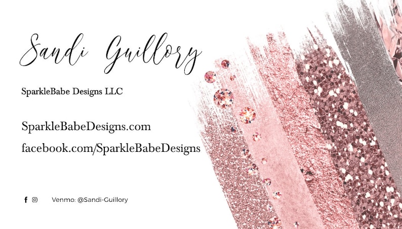 May include: A business card with a pink and silver glitter background. The text on the card reads "Sandi Guillory", "SparkleBabe Designs LLC", "SparkleBabeDesigns.com", "facebook.com/SparkleBabeDesigns", and "Venmo: @Sandi-Guillory".