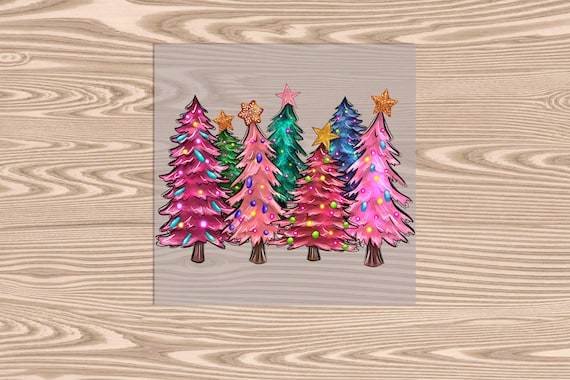 Ready to Press, Colorful Christmas Trees, heat transfer print, DTF Transfer Print