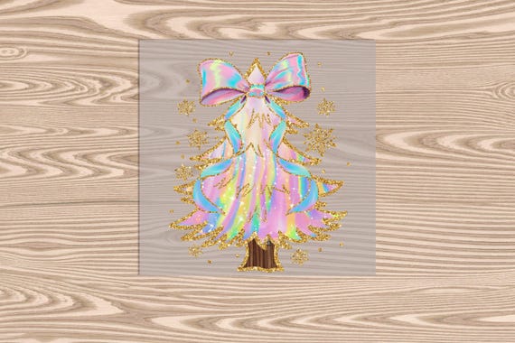 Ready to Press, Irridescent Christmas Tree with Pink Bow, Christmas, heat transfer print, DTF Transfer Print