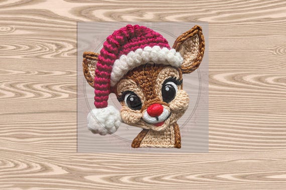 Ready to Press DTF Transfer-Rudolph Santa Hat :Faux Yarn & Embroidered Texture Effect