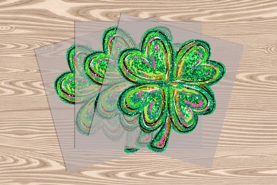 Ready to Press, 4 Heart Clover (faux glitter effect printed), St. Patrick's Day, DTF Transfer Print