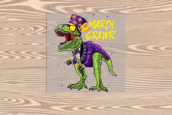 Ready to Press, Mardi Grawr Dino, Mardi Gras, heat transfer print, DTF Transfer Print