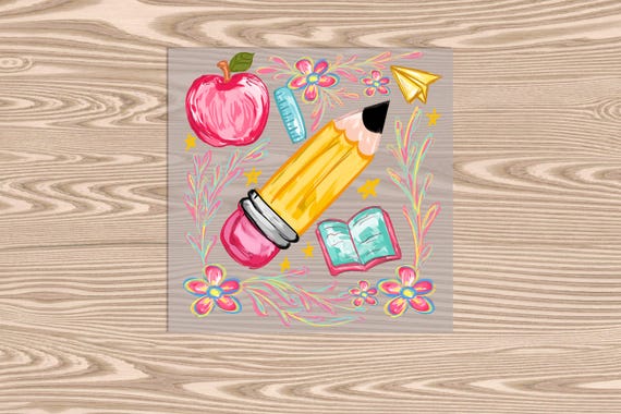 Ready to Press, Pencil Apple Book- Back to School, heat transfer print, DTF Transfer Print