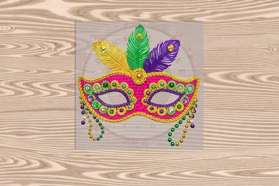 Ready to Press DTF Transfer- Mardi Gras Pink Mask- Faux Yarn- heat transfer