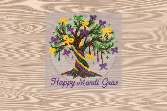 Ready to Press DTF Transfer- Mardi Gras Bead Tree -Faux Glitter/Yarn - heat transfer