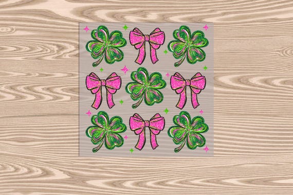 Ready to Press, 4 Heart Clover Pink Bow Coquette (faux glitter effect printed), St. Patrick's Day, DTF Transfer Print