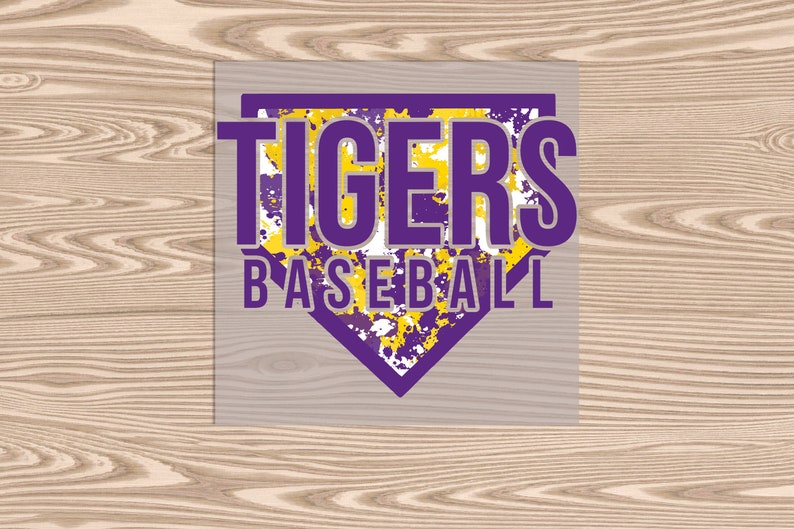 May include: Purple and yellow baseball logo with the word "TIGERS" in a white diamond shape with the words "BASEBALL" underneath.