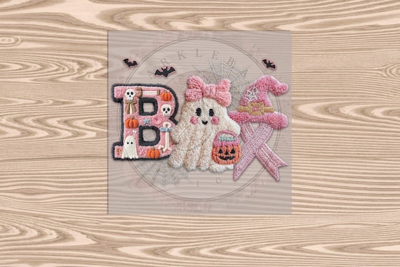 Ready to Press DTF Transfer-Boo Pink Ribbon Halloween  - Faux Yarn & Embroidered Effect