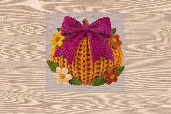 Ready to Press DTF Transfer-Orange Pumpkin Pink Bow  - Faux Yarn & Embroidered Effect