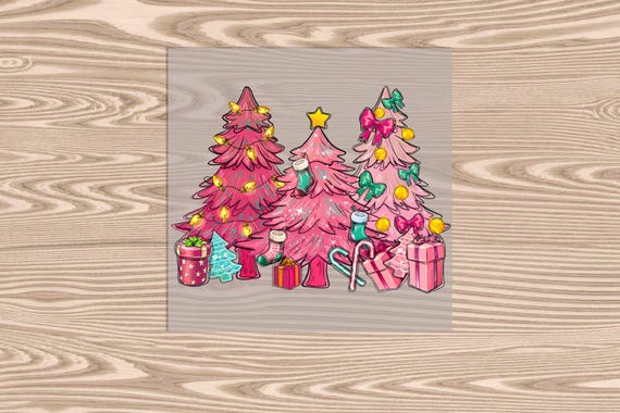 Ready to Press, Pink Christmas Trees, heat transfer print, DTF Transfer Print