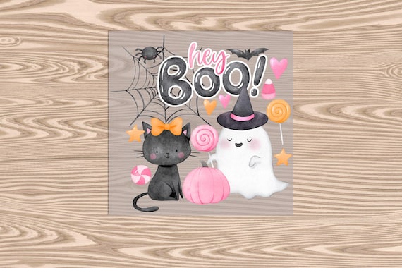 Ready to Press, Hey Boo, Black Cat Ghost, Halloween, heat transfer print, DTF Transfer Print