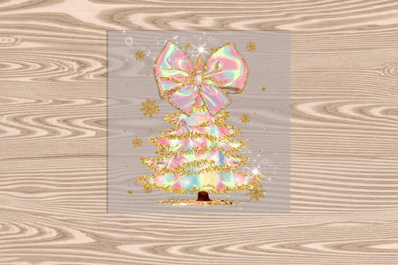 Ready to Press, Irridescent Christmas Tree with Bow, Christmas, heat transfer print, DTF Transfer Print