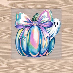 May include: A blue iridescent pumpkin with a purple and white bow and a white ghost peeking out from behind the bow.